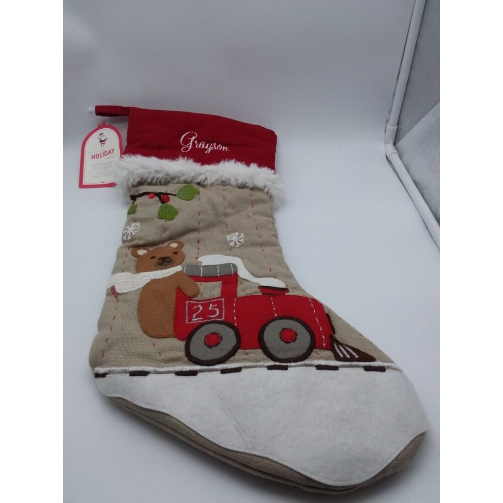 Pottery Barn Kids Grayson Woodland Bear Train Christmas Holiday Stocking Xmas
